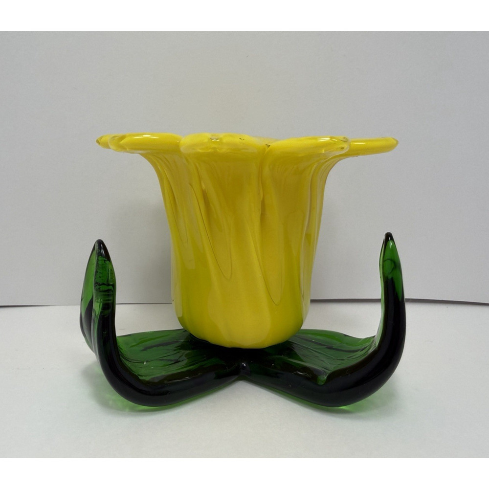 Hand Blown Art Glass Flower Candle Holder Yellow Green Vintage Art Deco - Picture 2 of 8